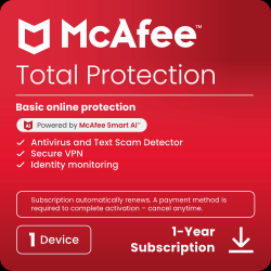 McAfee® Total Protection Antivirus &amp; Internet Security Software, For 1 Device, 1-Year Subscription Auto-Renewal, Product Key