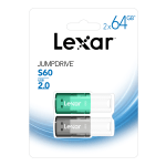 Lexar&reg; JumpDrive&reg; S60 USB 2.0 Flash Drives, 64GB, Black/Teal, Pack Of 2 Flash Drives, LJDS60-64GB2NNU